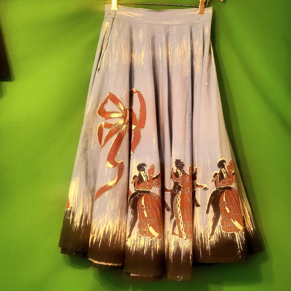 Vintage 50s swing western circle skirt w/ ballroom dancers & bow pattern detail